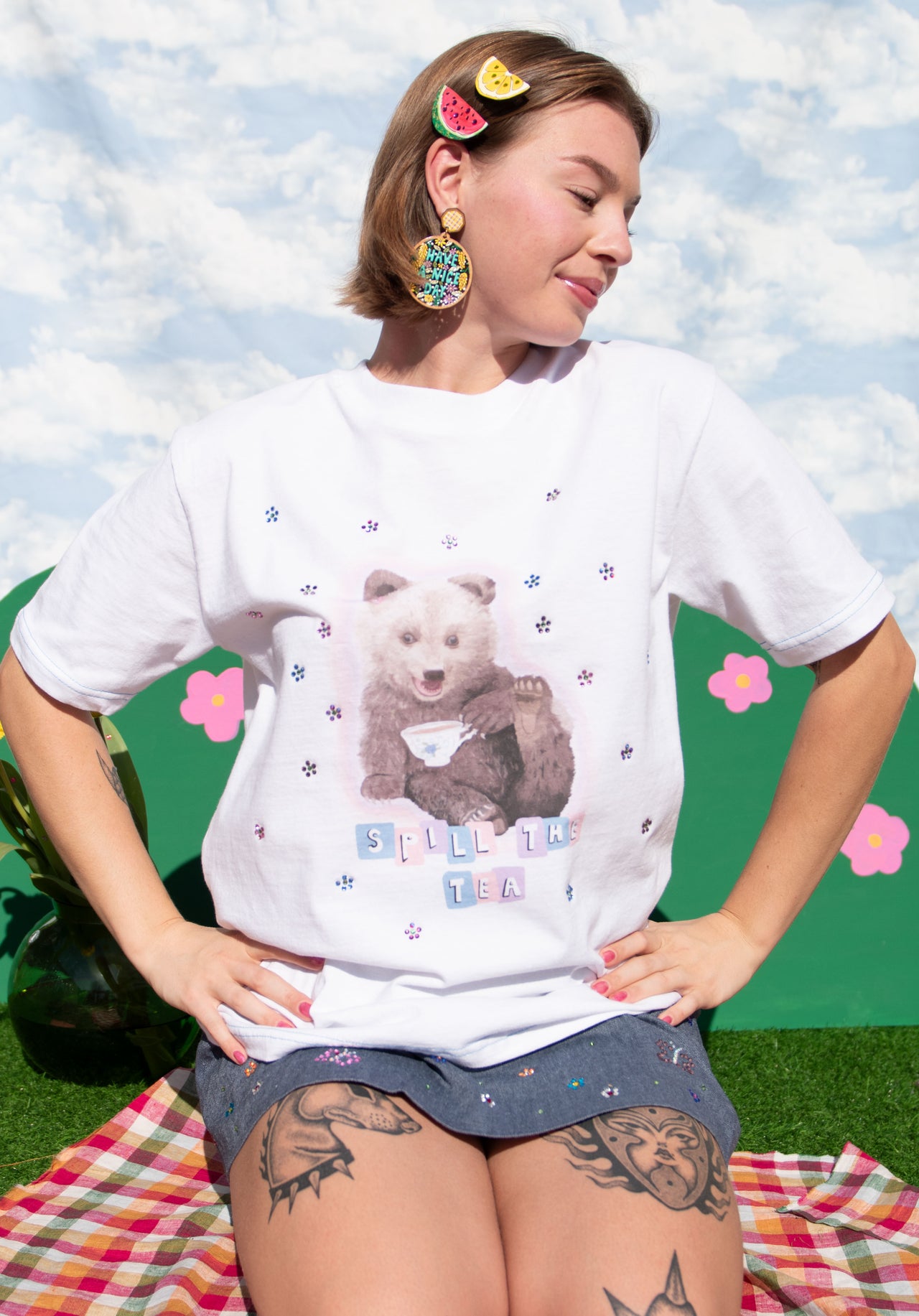 BEDAZZLED "Spill the Tea" Bear Oversized T-shirt