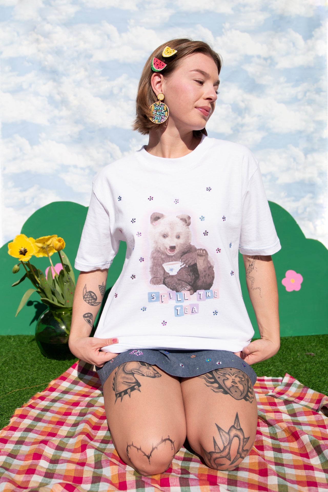 BEDAZZLED "Spill the Tea" Bear Oversized T-shirt