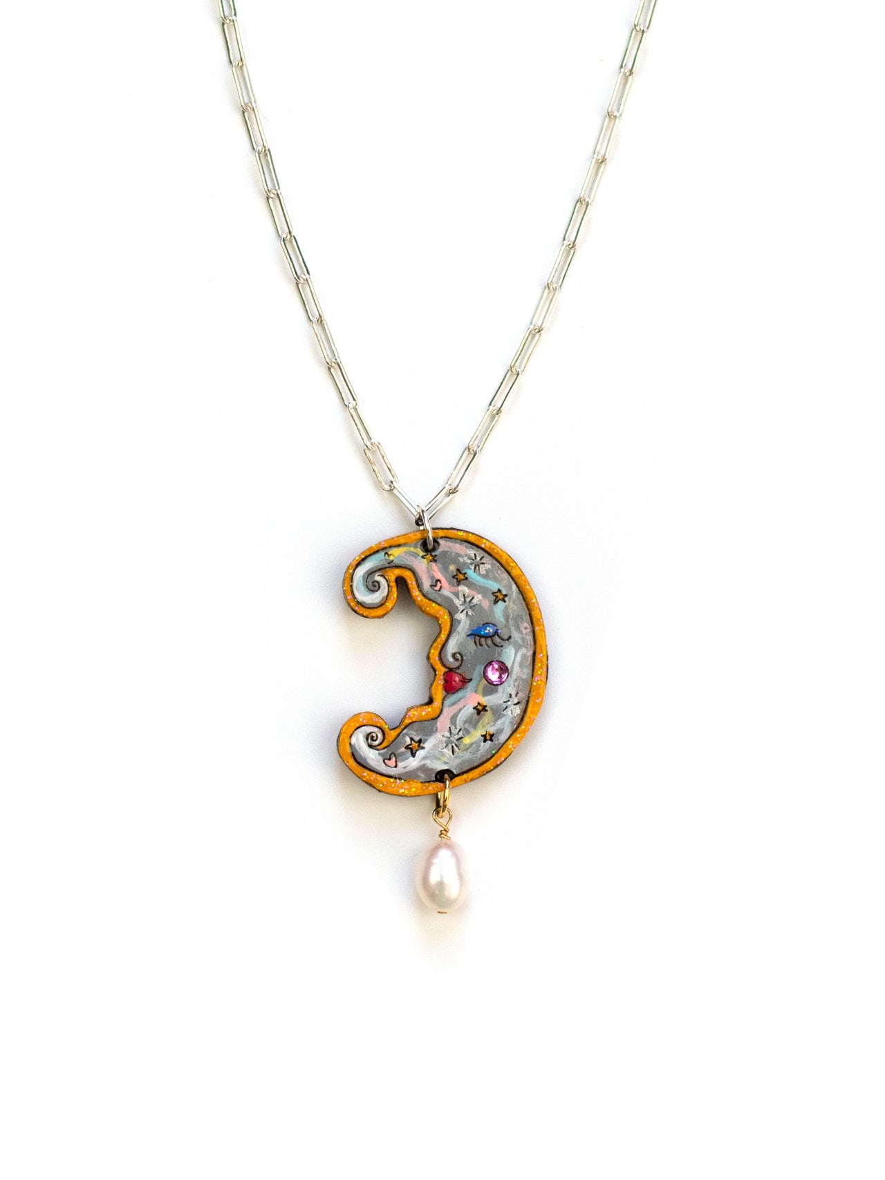 Doodle Gem Crescent Moon Pendant Necklace
