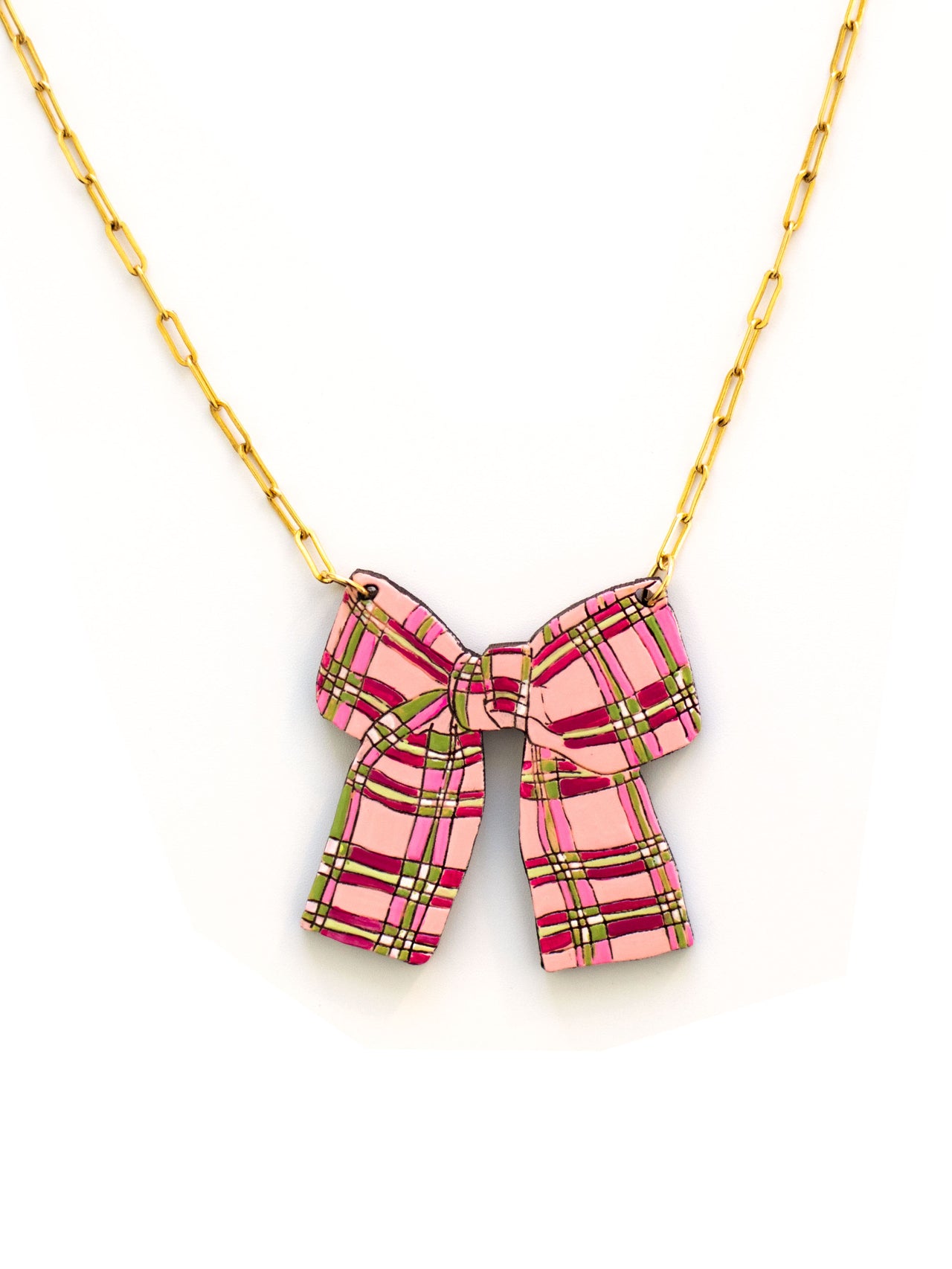 Pink Plaid Bow Necklace (One-of-a-kind)