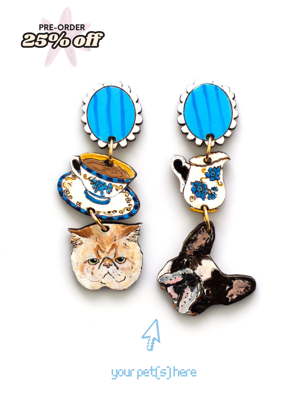 Tea Party- Pet Portrait Earrings