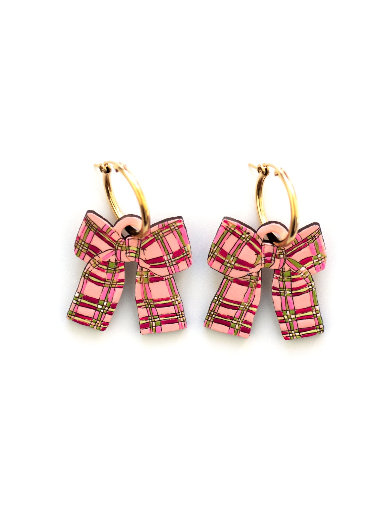 Pink Plaid Bow Hoops (One-of-a-kind)